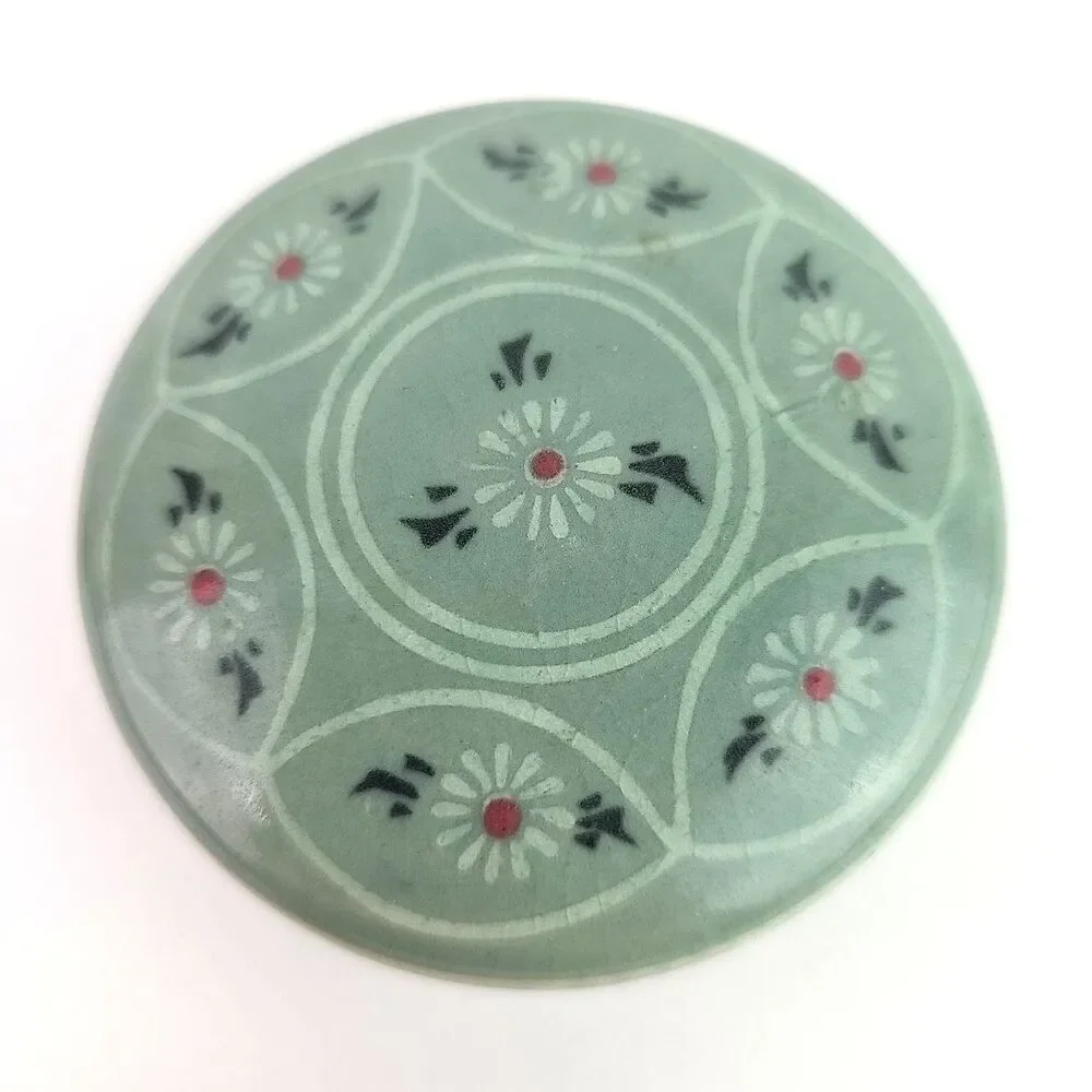 Vintage Korean Celadon Green Ceramic Floral Ring Lidded Round Trinket Box 3 inch